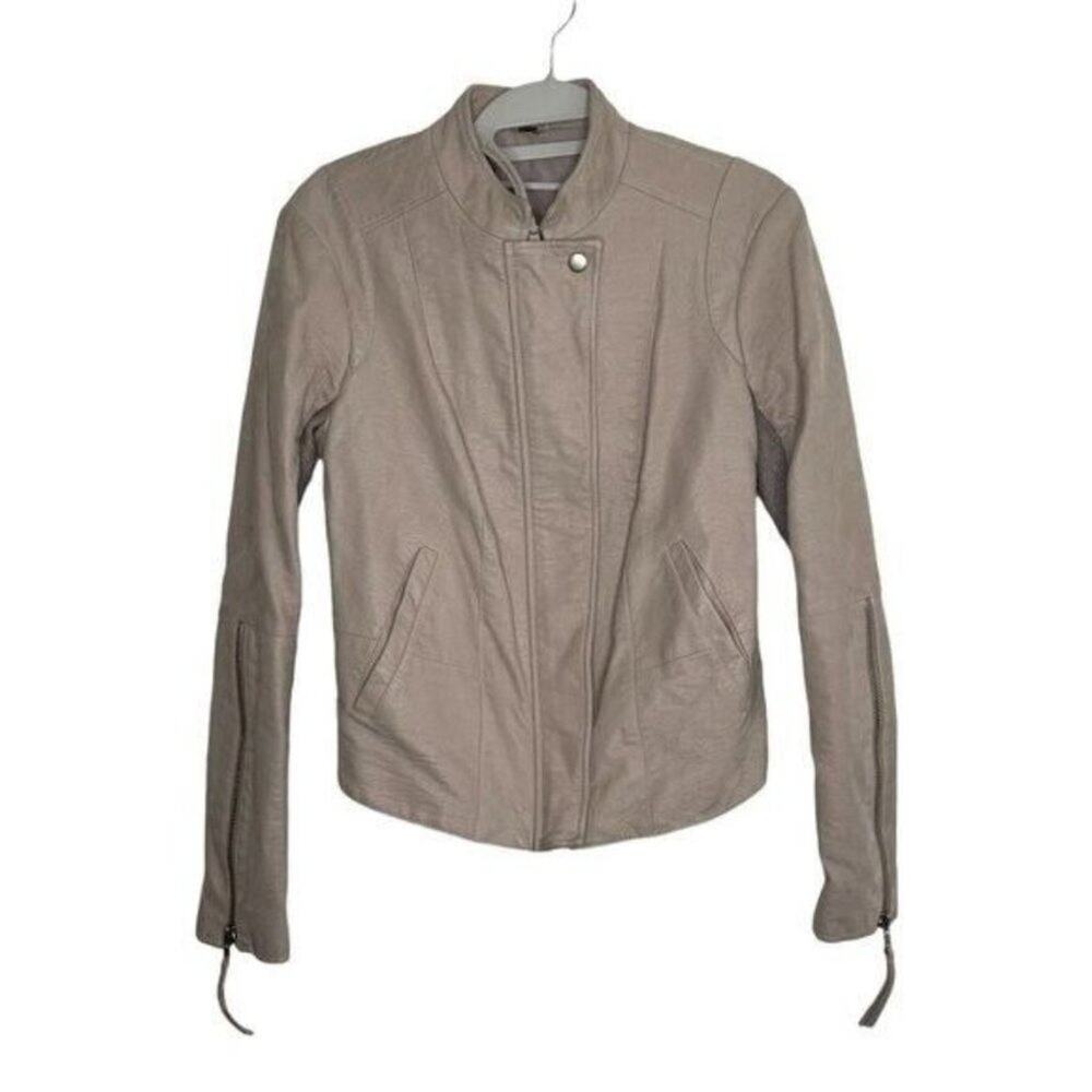 Free People Womens Size S Faux Leather Beige Long Sleeve Full Zip Moto Jacket